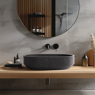MADU EDEN OVAL ABOVE COUNTER BASIN TERRAZO STONE BLACK 575MM