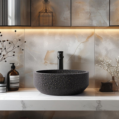 MADU EDEN ROUND ABOVE COUNTER BASIN TERRAZO STONE BLACK 395MM