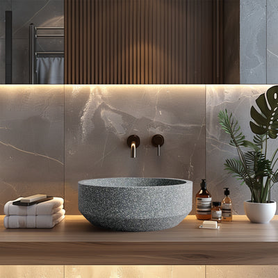 MADU EDEN ROUND ABOVE COUNTER BASIN TERRAZO STONE GREY 395MM