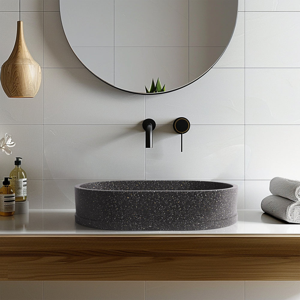 MADU MARGO OVAL ABOVE COUNTER BASIN TERRAZO STONE PROUD EDGE BLACK 585MM