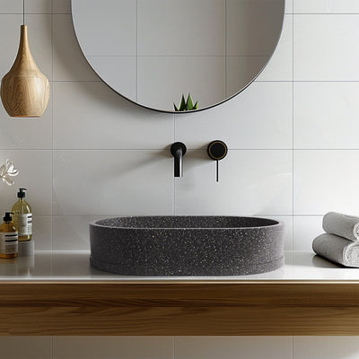 MADU MARGO OVAL ABOVE COUNTER BASIN TERRAZO STONE PROUD EDGE BLACK 585MM