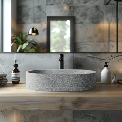 MADU MARGO OVAL ABOVE COUNTER BASIN TERRAZO STONE PROUD EDGE GREY 585MM