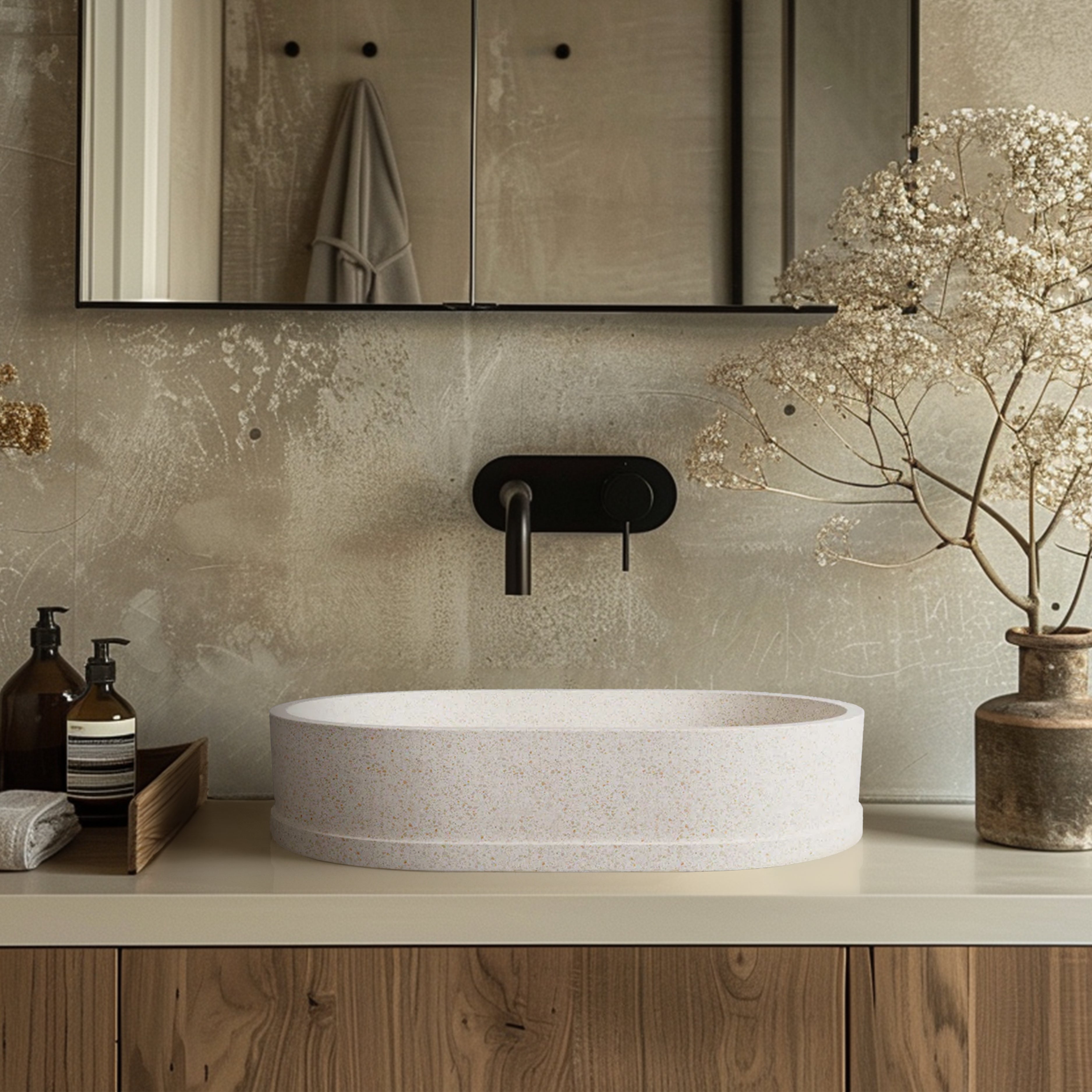 MADU MARGO OVAL ABOVE COUNTER BASIN HANDCRAFTED TERRAZO STONE PROUD EDGE WHITE 590MM