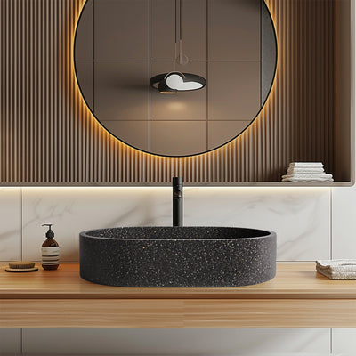 MADU MARGO OVAL ABOVE COUNTER BASIN TERRAZO STONE SEAMLESS EDGE BLACK 575MM
