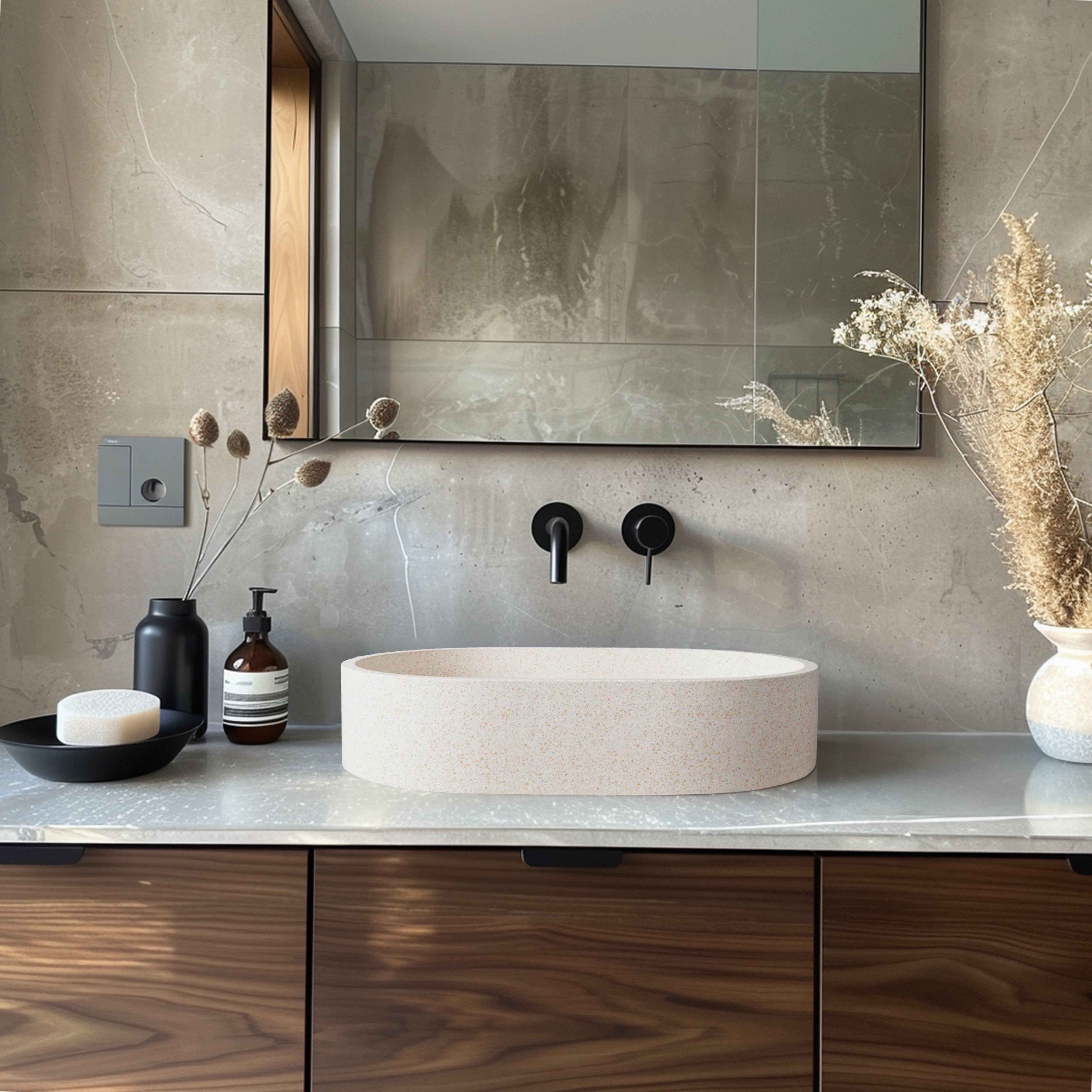 MADU MARGO OVAL ABOVE COUNTER BASIN HANDCRAFTED TERRAZO STONE SEAMLESS EDGE WHITE 590MM