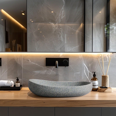 MADU MILLA OVAL ABOVE COUNTER BASIN TERRAZO STONE GREY 580MM