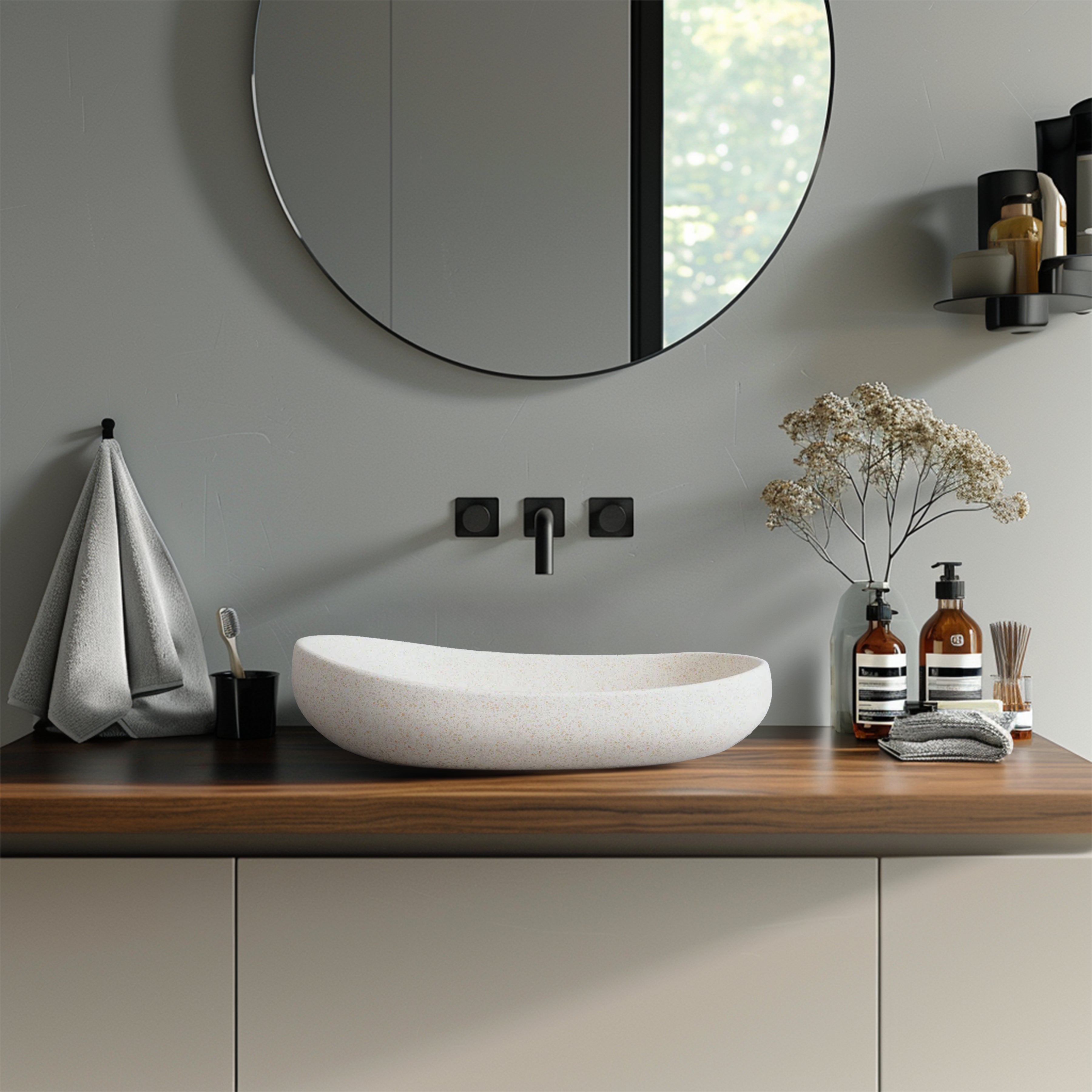 MADU MILLA OVAL ABOVE COUNTER BASIN HANDCRAFTED TERRAZO STONE WHITE 600MM