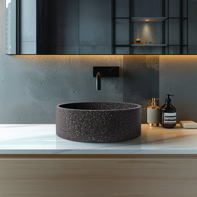 MADU BELLA ROUND ABOVE COUNTER BASIN TERRAZO STONE BLACK 370MM