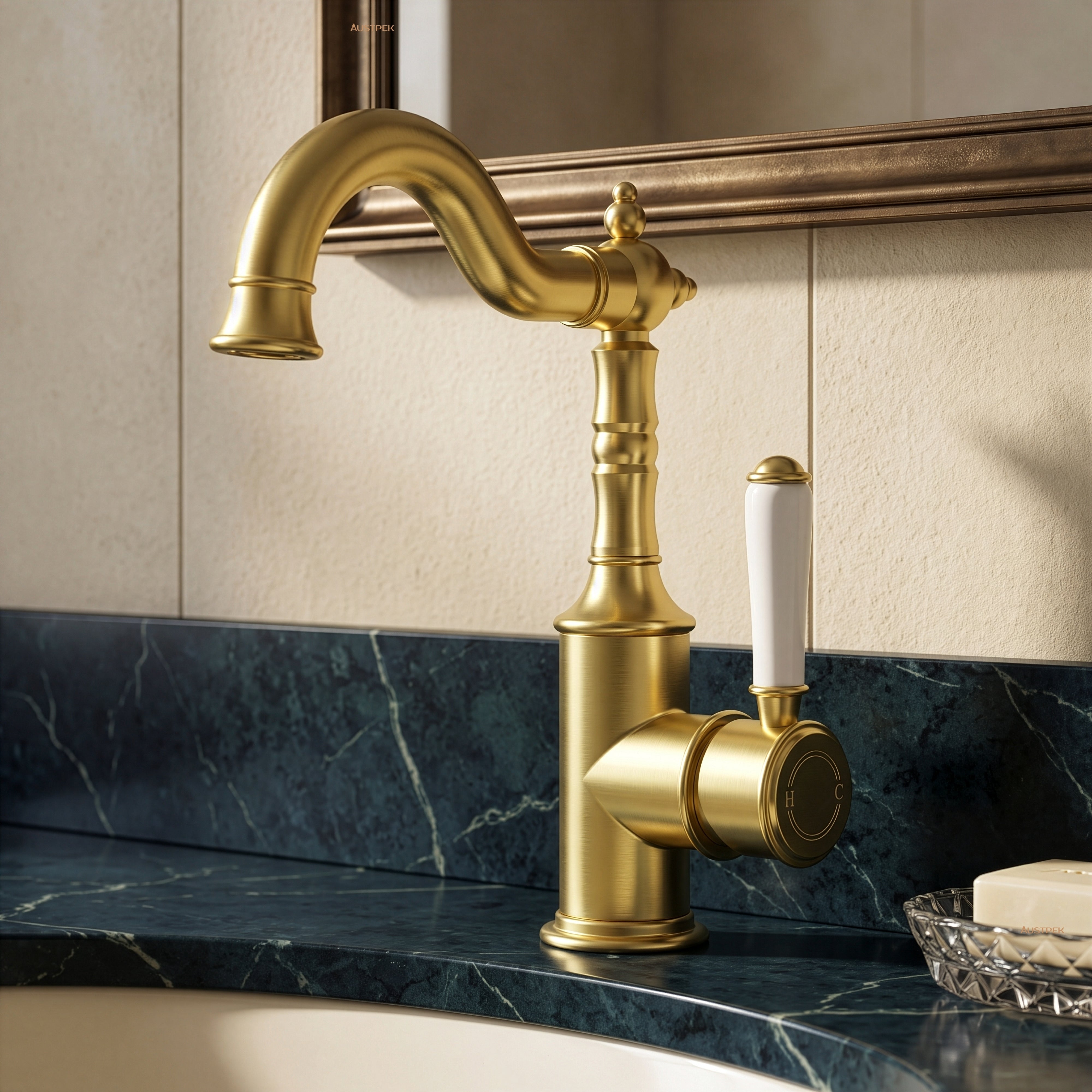 Ikon clasico basin mixer 243mm brushed gold (ceramic handle)