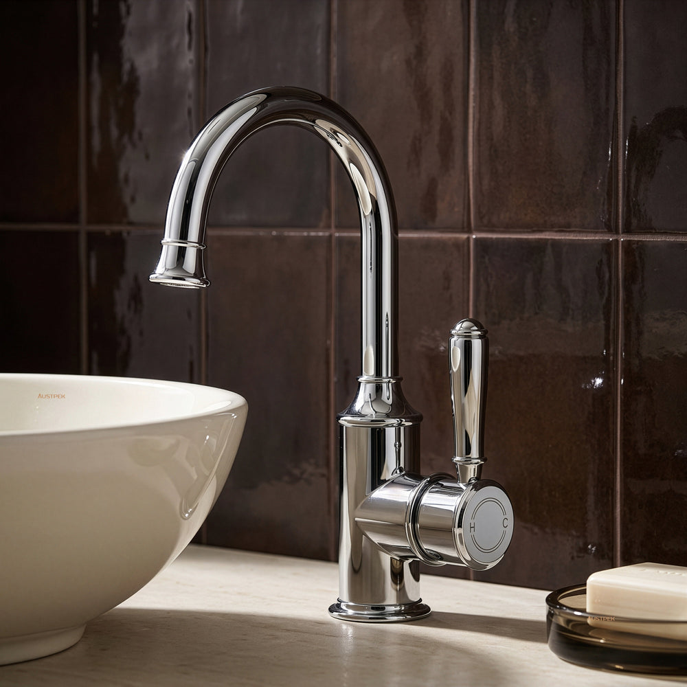 Ikon clasico gooseneck basin mixer 271mm chrome (brass handle)