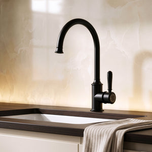 Ikon clasico gooseneck sink mixer 340mm matte black (brass handle)