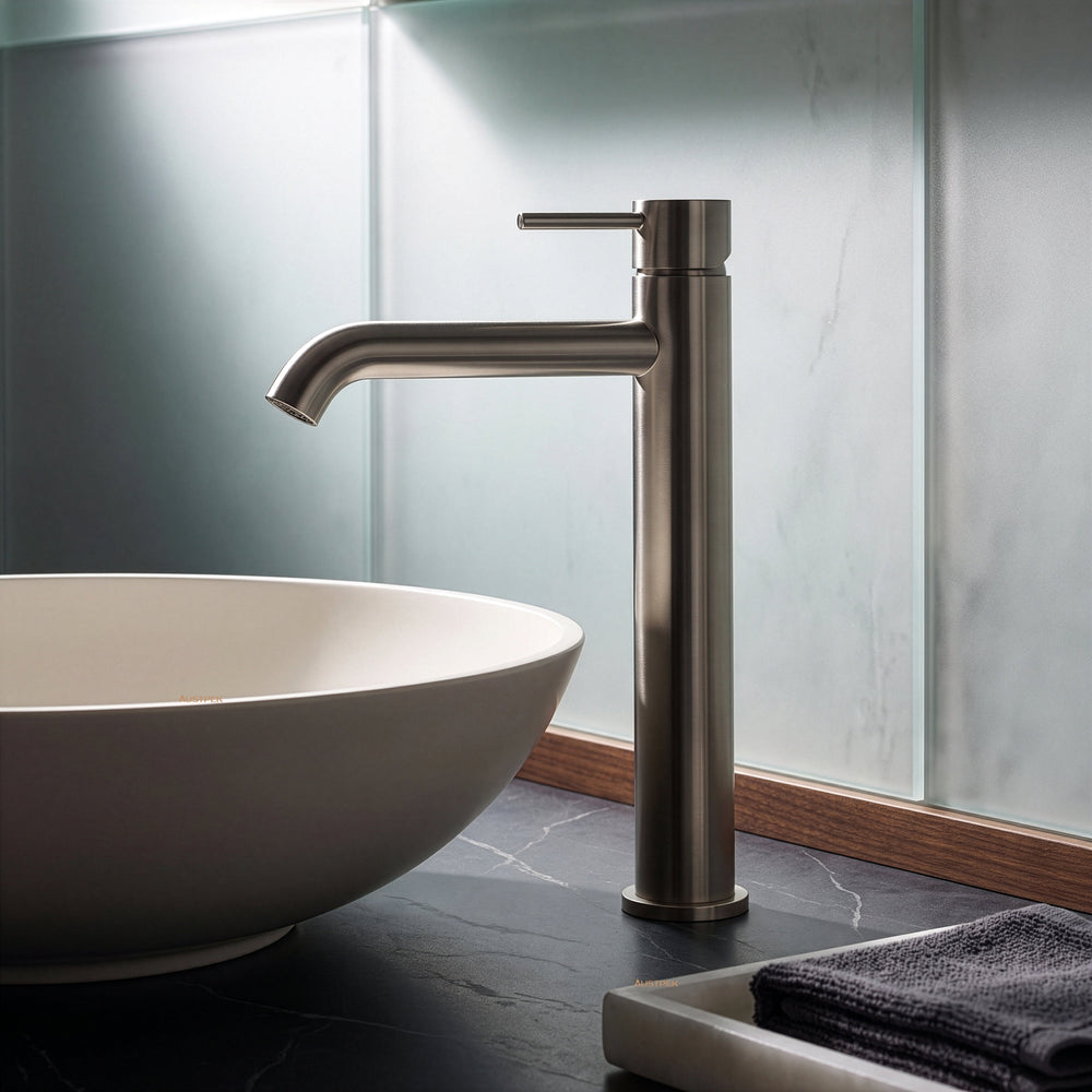 Ikon hali high rise basin mixer 291mm brushed nickel