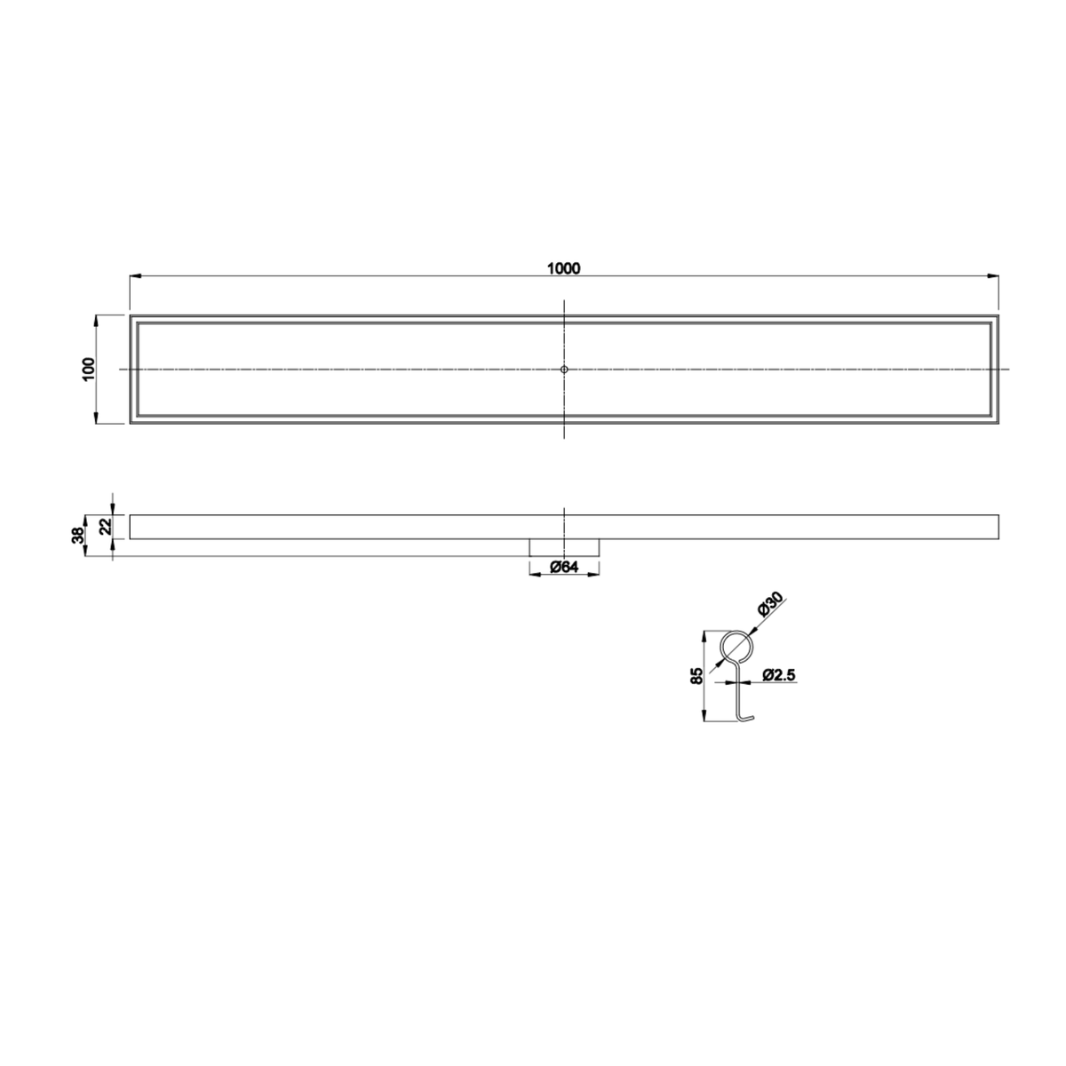 LINSOL EZYFLOW TILE INSERT DN64 LINEAR WASTE 1000MM BRUSHED BRASS