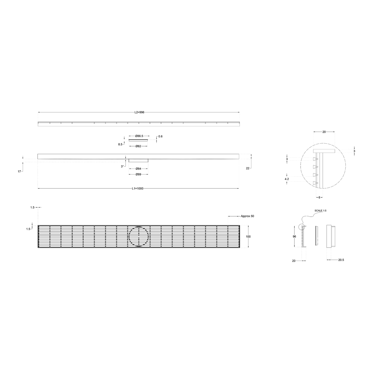 LINSOL EZYFLOW HEELGUARD DN89 LINEAR WASTE 1000MM BRUSHED BRASS