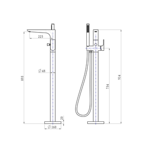 LINSOL KYAH FREESTANDING BATH FILLER WITH HAND SHOWER 914MM MATTE BLACK