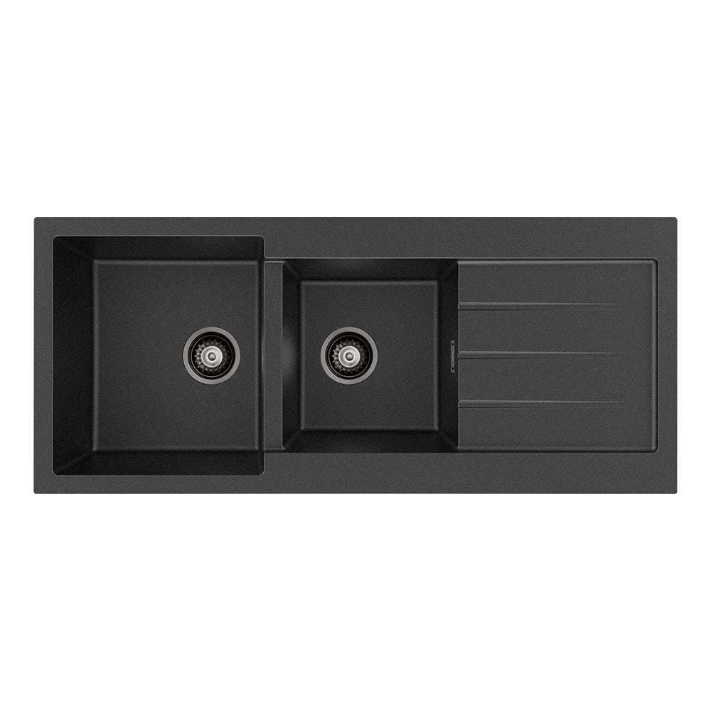 FIENZA KURO GRANITE DOUBLE BOWL KITCHEN SINK WITH DRAINER NO TAP HOLE 1160MM