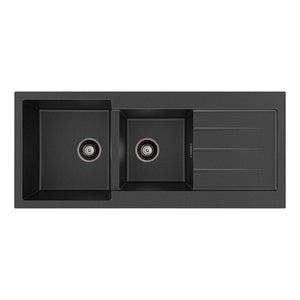 FIENZA KURO GRANITE DOUBLE BOWL KITCHEN SINK WITH DRAINER NO TAP HOLE 1160MM