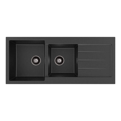 FIENZA KURO GRANITE DOUBLE BOWL KITCHEN SINK WITH DRAINER NO TAP HOLE 1160MM