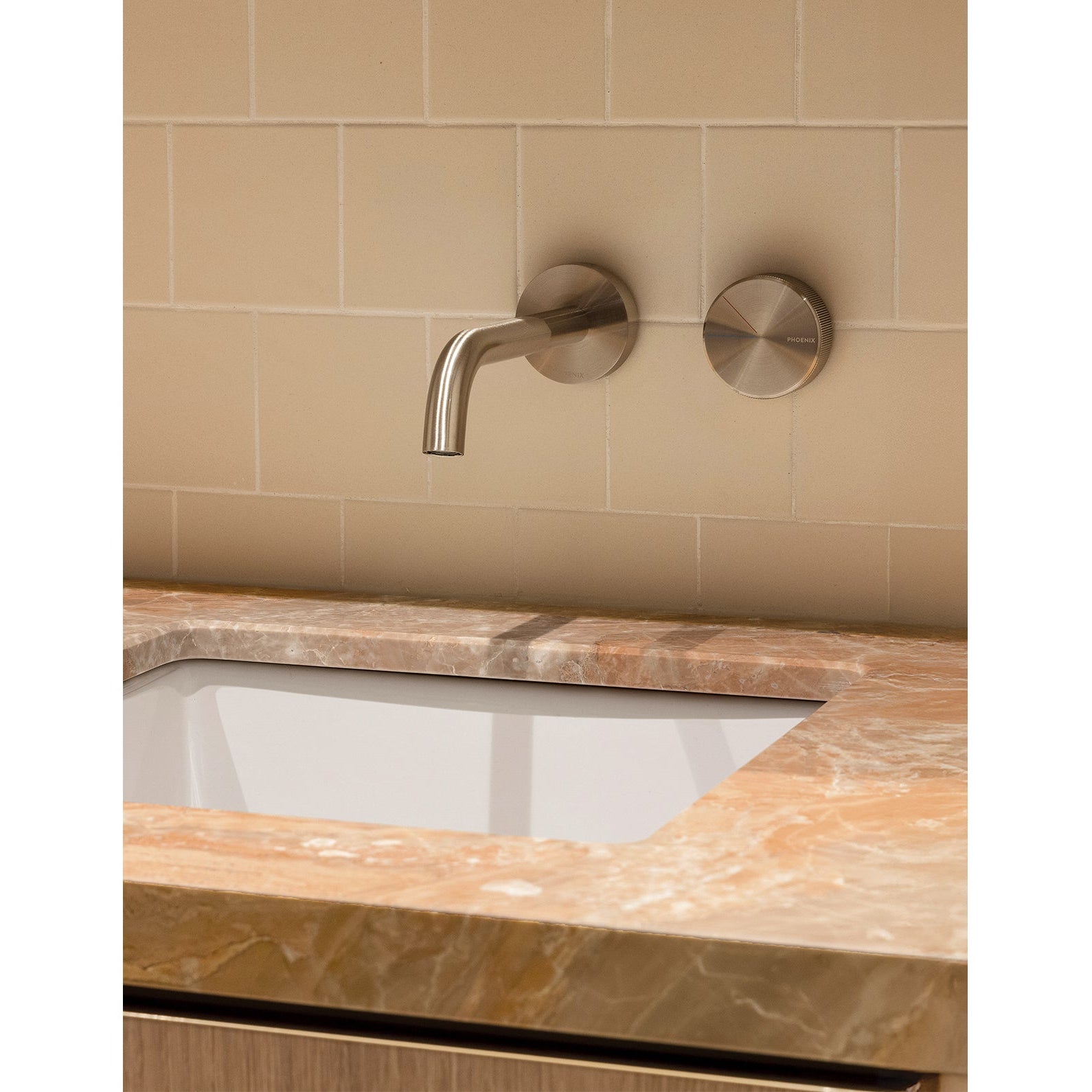PHOENIX AXIA LEAD FREE WALL BASIN BATH CURVED OUTLET MIXER SET 180MM BRUSHED NICKEL