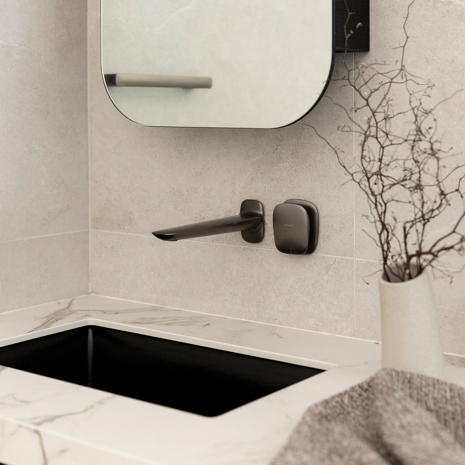 PHOENIX NUAGE LEAD FREE WALL BASIN BATH MIXER SET 200MM BRUSHED CARBON