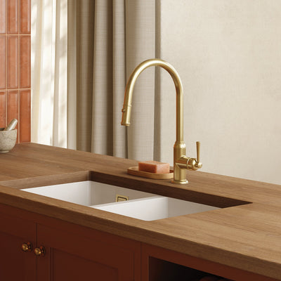 PHOENIX CROMFORD LEAD FREE PULL OUT SINK MIXER 402MM BRUSHED GOLD