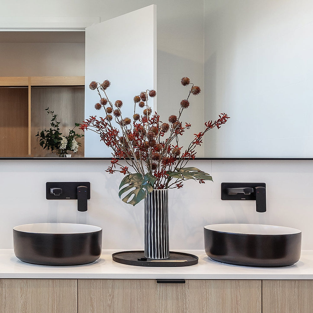 PHOENIX TEVA LEAD FREE WALL BASIN / BATH MIXER SET WITH TRIM KIT AND BODY 200MM MATTE BLACK