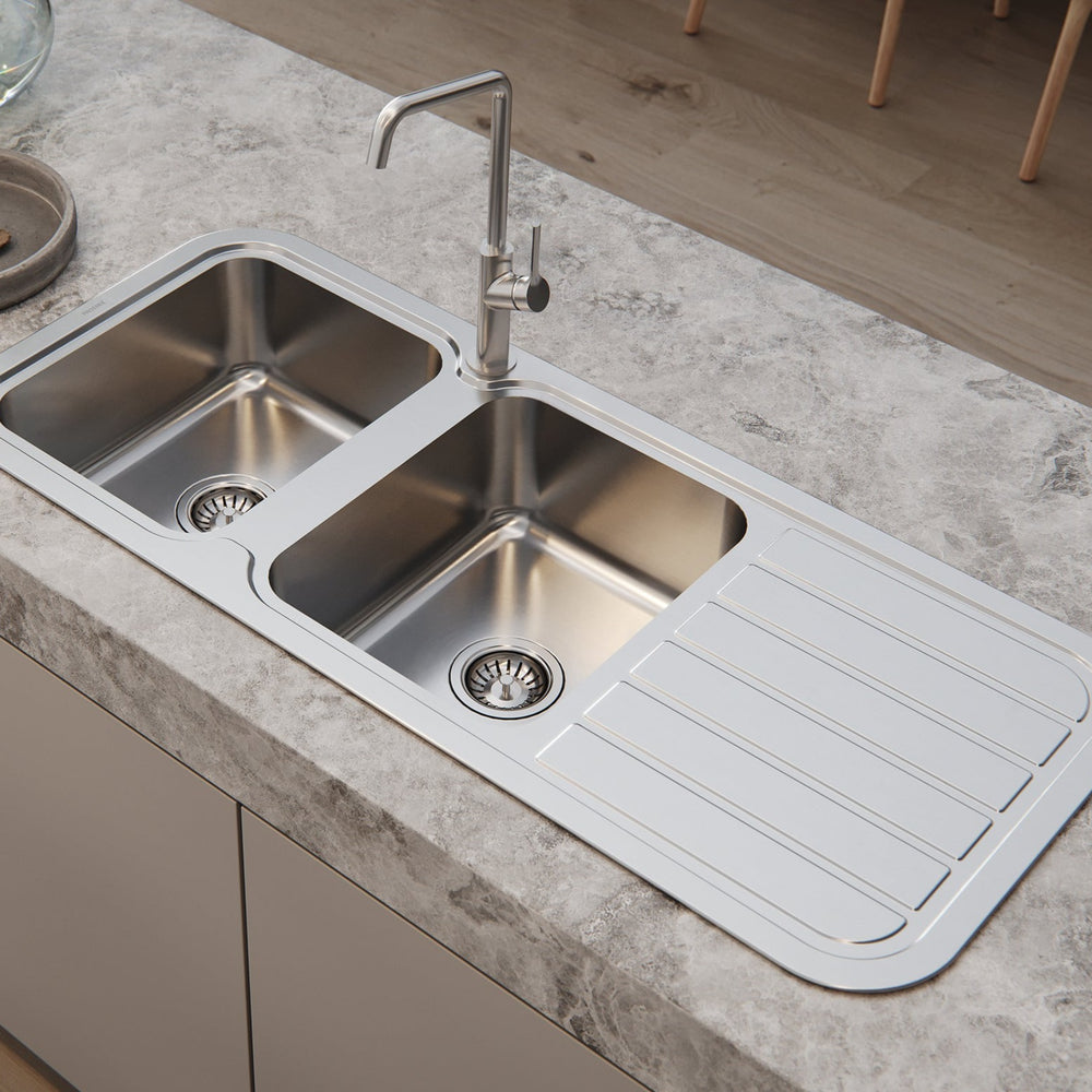 PHOENIX 1000 SERIES DOUBLE BOWL SINK WITH DRAINER AND TAPHOLE 1180MM