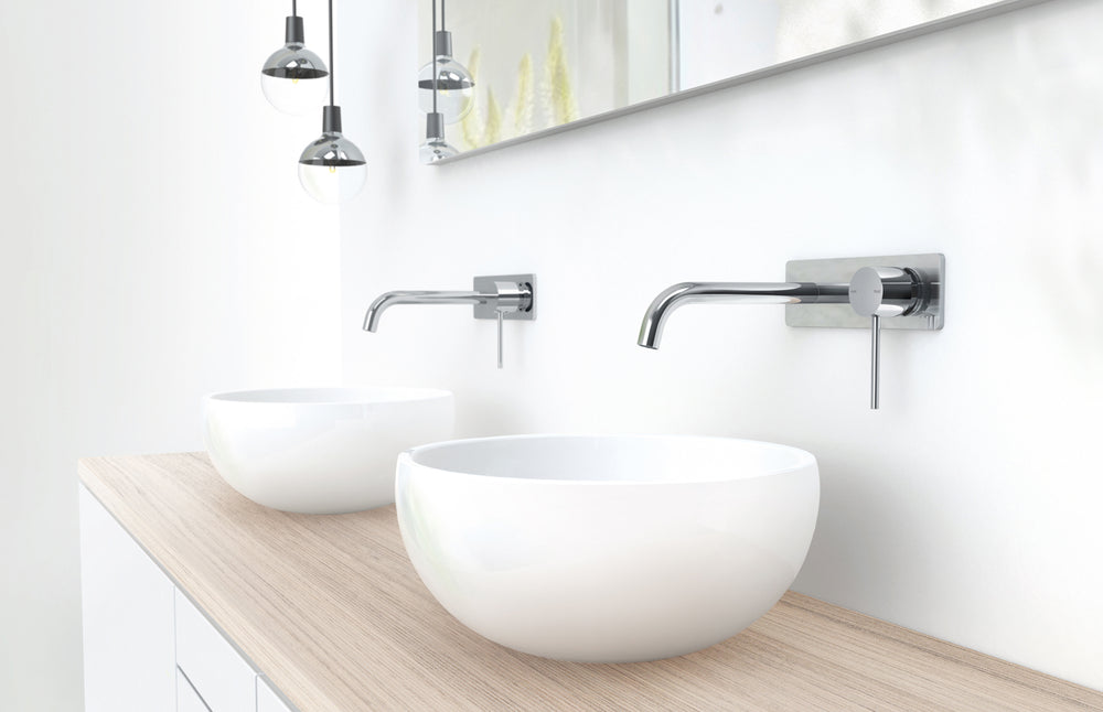 PHOENIX VIVID SLIMLINE SWITCHMIX WALL BASIN / BATH MIXER SET FIT-OFF AND ROUGH-IN KIT 180MM CHROME