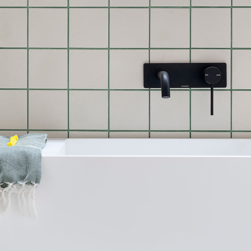PHOENIX VIVID SLIMLINE SWITCHMIX LEAD FREE WALL BASIN / BATH MIXER SET FIT-OFF AND ROUGH-IN KIT 180MM MATTE BLACK