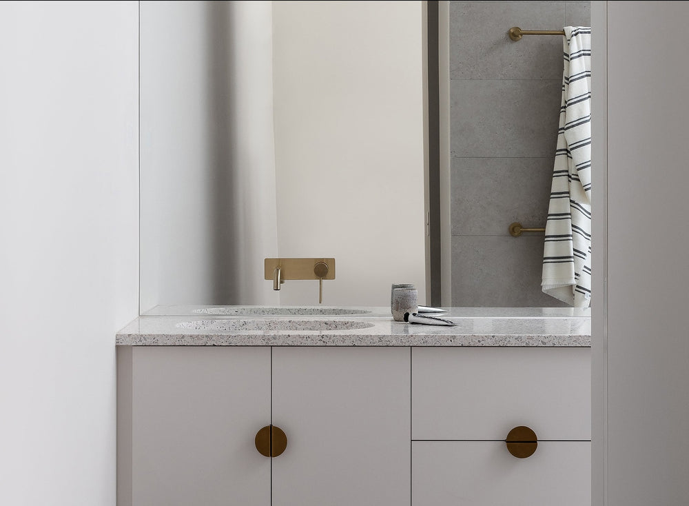 PHOENIX VIVID SLIMLINE SWITCHMIX WALL BASIN / BATH MIXER SET FIT-OFF AND ROUGH-IN KIT 180MM BRUSHED GOLD