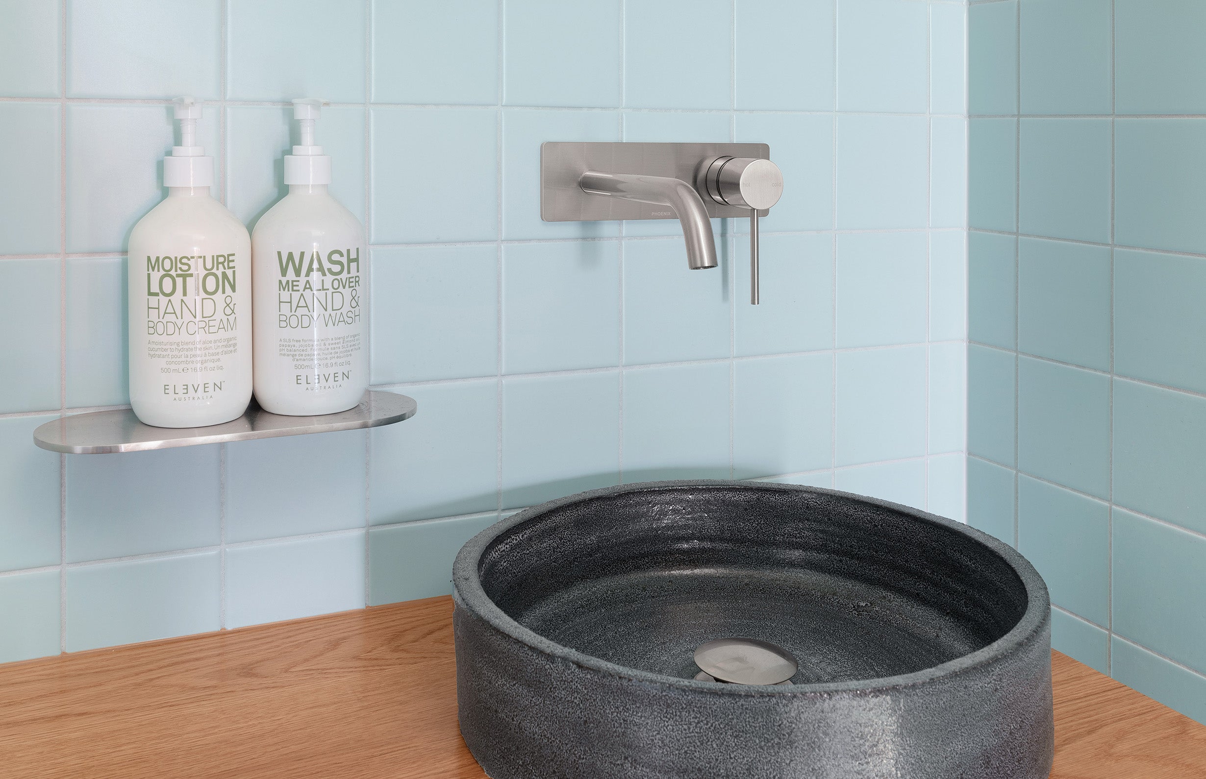 PHOENIX VIVID SLIMLINE SWITCHMIX WALL BASIN / BATH MIXER SET FIT-OFF AND ROUGH-IN KIT 180MM BRUSHED NICKEL