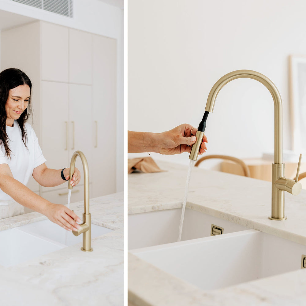 PHOENIX VIVID SLIMLINE PULL OUT SINK MIXER 397MM BRUSHED GOLD