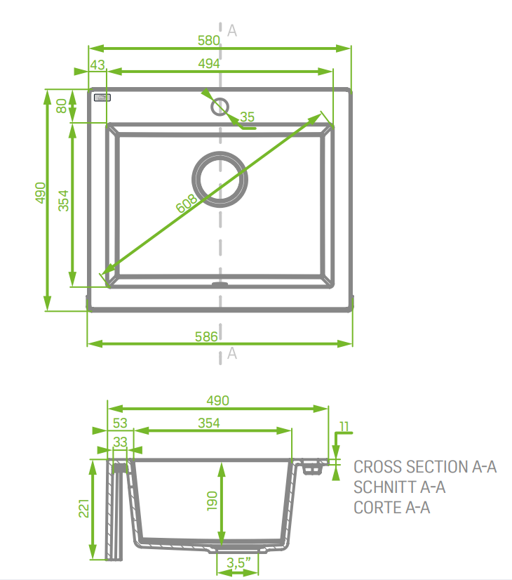 AQUAPERLA LAVEO UNDERMOUNT SINGLE BOWL SINK GREY GRANITE 490MM