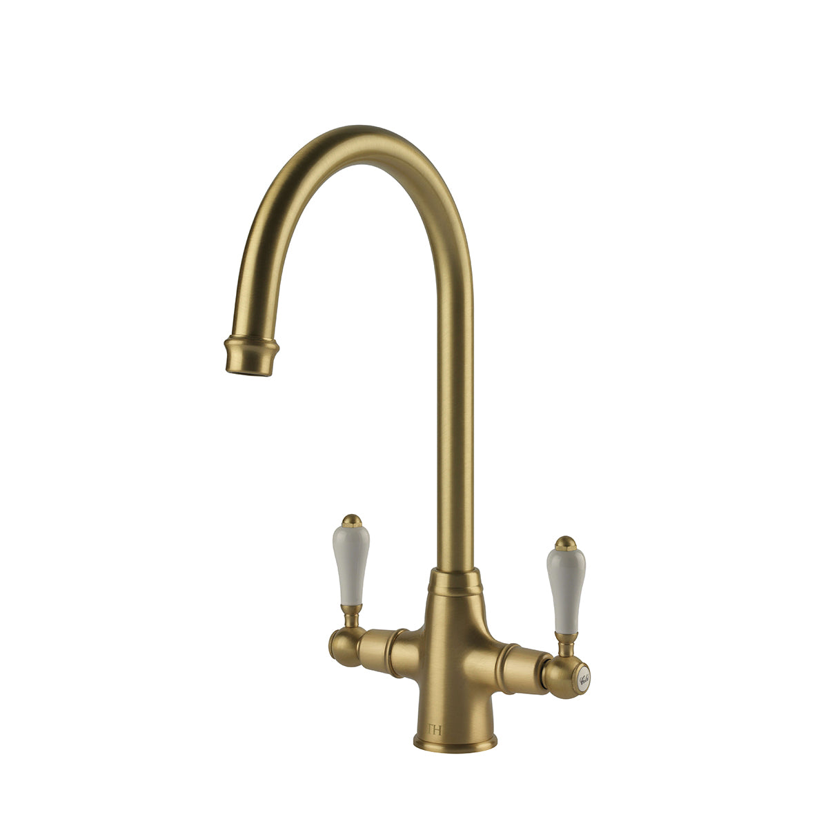 TURNER HASTINGS LUDLOW DOUBLE SINK MIXER TAP 355MM BRUSHED BRASS (CERAMIC HANDLE)