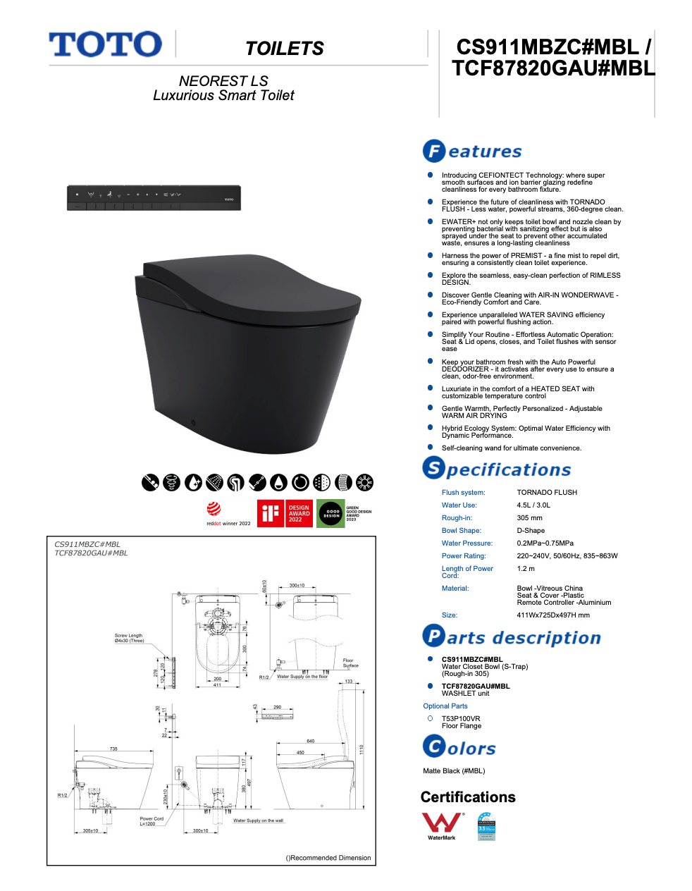 TOTO NEOREST LS INTEGRATED TOILET & REMOTE CONTROLLED WASHLET D-SHAPE MATTE BLACK