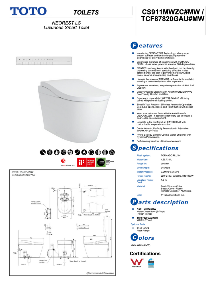 TOTO NEOREST LS INTEGRATED TOILET & REMOTE CONTROLLED WASHLET D-SHAPE MATTE WHITE