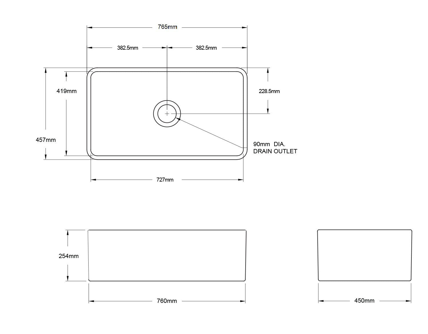 TURNER HASTINGS NOVI FARMHOUSE BUTLER SINK WITH OVERFLOW MATTE WHITE 765MM