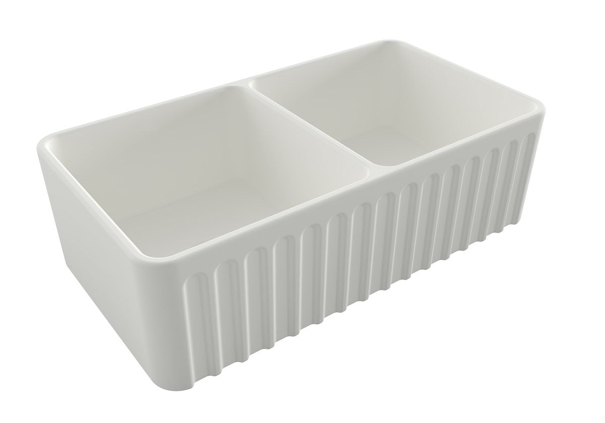 TURNER HASTINGS NOVI RIBBED FARMHOUSE DOUBLE BOWL BUTLER SINK MATTE WHITE 850MM