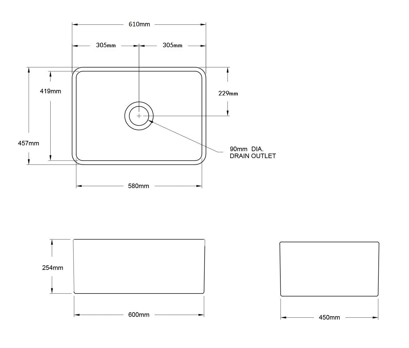 TURNER HASTINGS NOVI FARMHOUSE BUTLER SINK WITH OVERFLOW MATTE WHITE 600MM