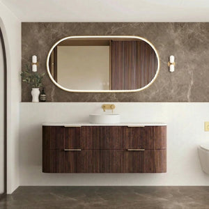 OTTI HAVANA SABLE WALNUT FLUTED 1500MM CURVE SINGLE BOWL WALL HUNG VANITY