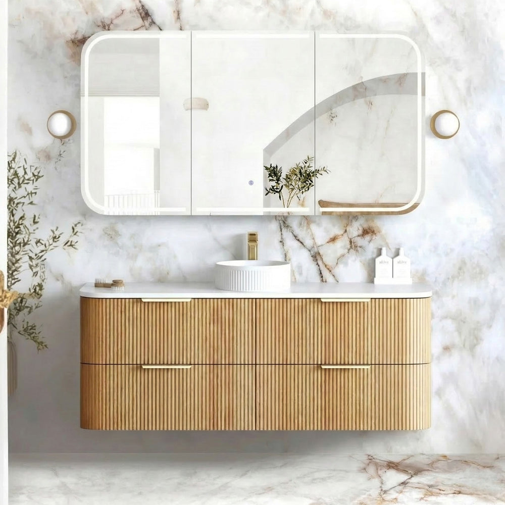 OTTI HAVANA WOODLAND OAK FLUTED 1500MM CURVE SINGLE BOWL WALL HUNG VANITY