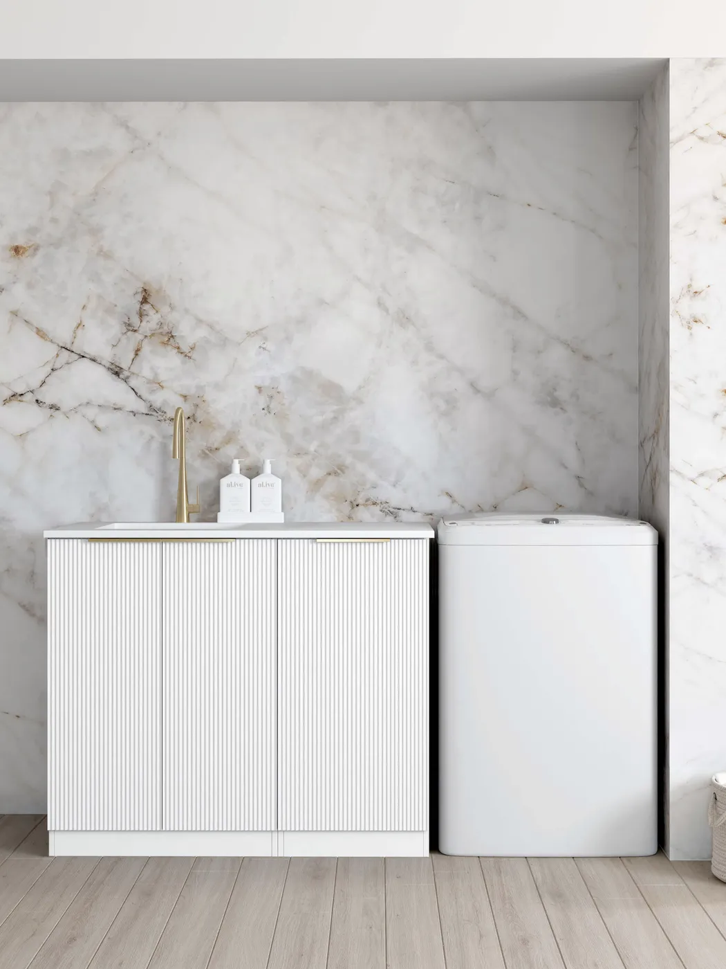 OTTI BONDI MATTE WHITE FLUTED 1060MM BASE LAUNDRY CABINET WITH STONE TOP & SINK