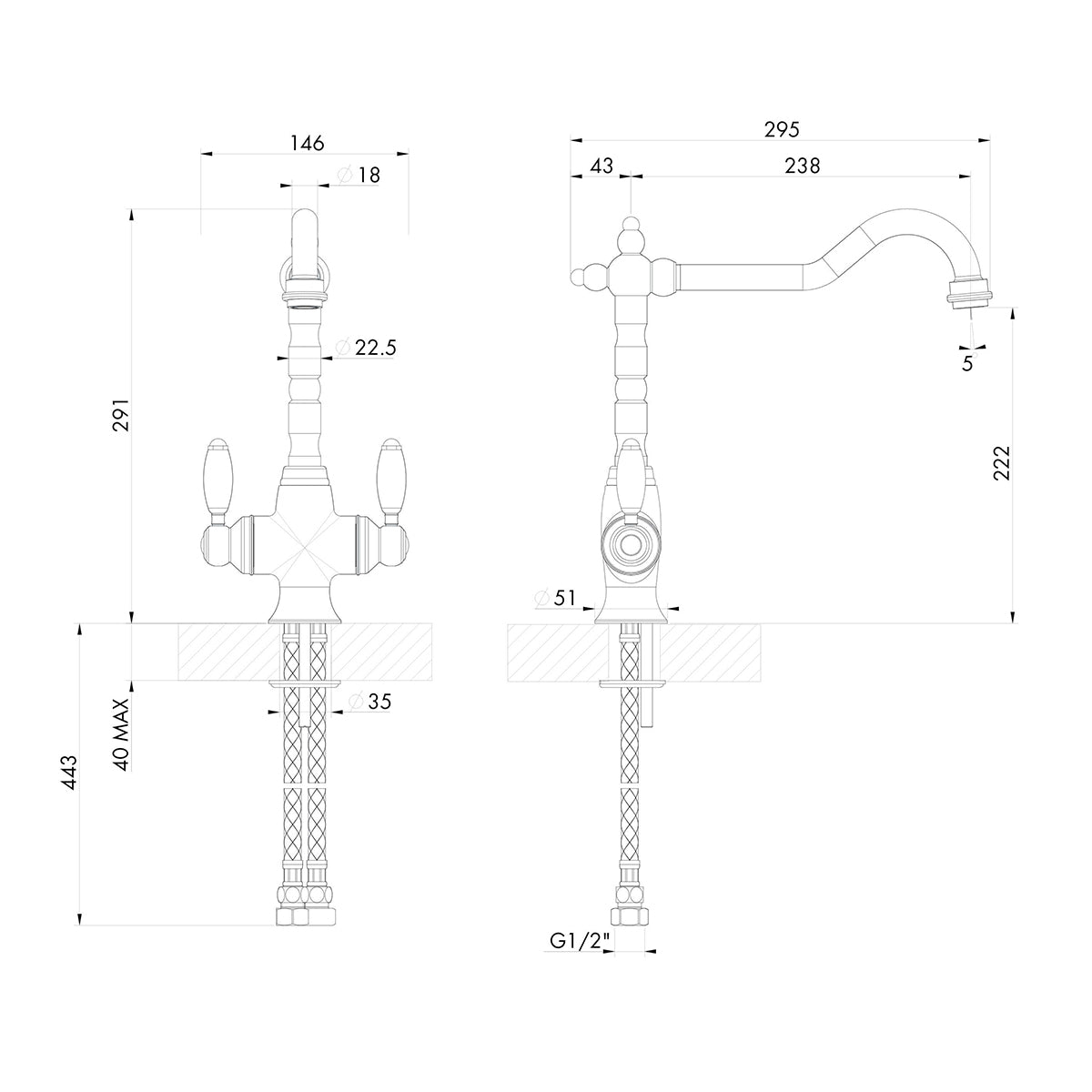 TURNER HASTINGS PROVIDENCE DOUBLE SINK MIXER 291MM BRUSHED NICKEL (CERAMIC HANDLE)