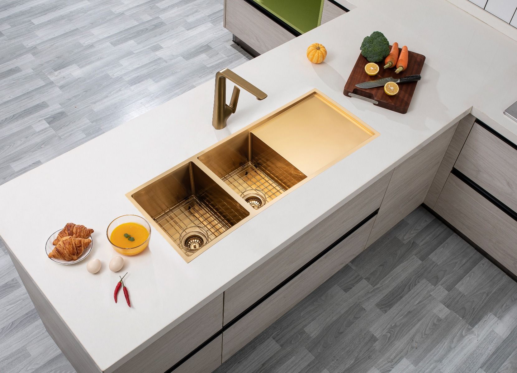 AQUAPERLA T304 UNDERMOUNT DOUBLE BOWL SINK BRUSHED GOLD 1160MM