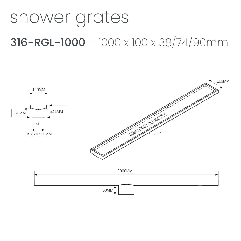 RADIANT HEATING LINEAR TILE INSERT FLOOR GRATE MATTE BLACK (AVAILABLE IN 600MM, 700MM, 900MM AND 1000MM)