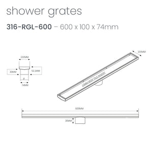 Radiant Heating Linear Slotted Floor Grate Brushed Bronze - technical drawing