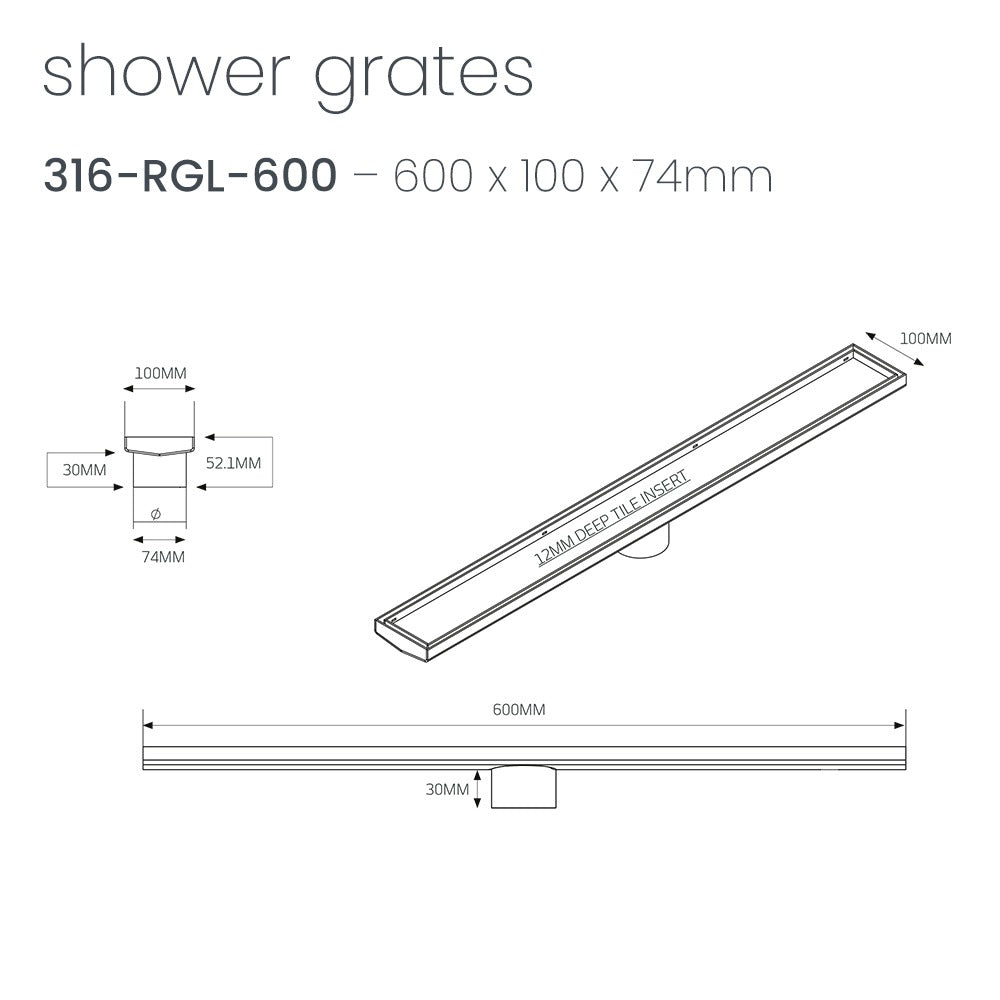 RADIANT HEATING LINEAR TILE INSERT FLOOR GRATE BRUSHED GOLD (AVAILABLE IN 600MM AND 700MM)