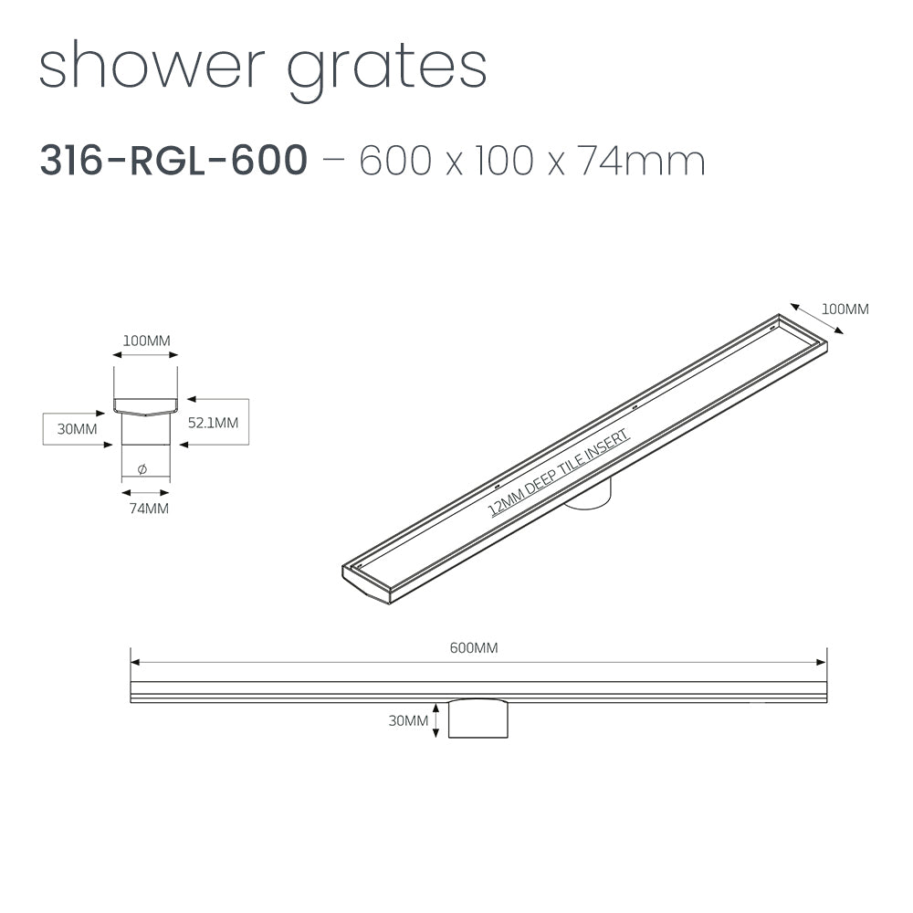 RADIANT HEATING LINEAR TILE INSERT FLOOR GRATE MATTE BLACK (AVAILABLE IN 600MM, 700MM, 800MM, 900MM AND 1000MM)