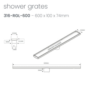 RADIANT HEATING LINEAR TILE INSERT FLOOR GRATE MATTE BLACK (AVAILABLE IN 600MM, 700MM, 800MM, 900MM AND 1000MM)