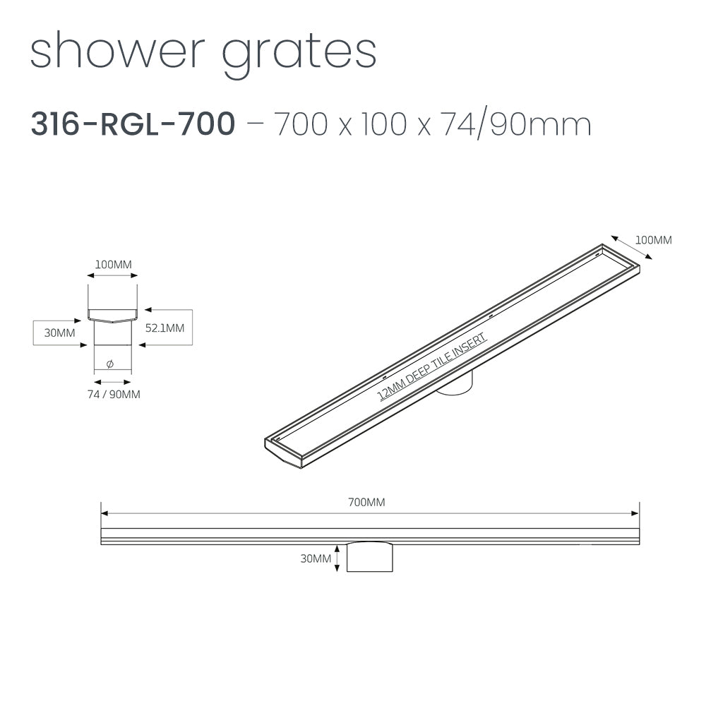 RADIANT HEATING LINEAR TILE INSERT FLOOR GRATE MATTE BLACK (AVAILABLE IN 600MM, 700MM, 800MM, 900MM AND 1000MM)